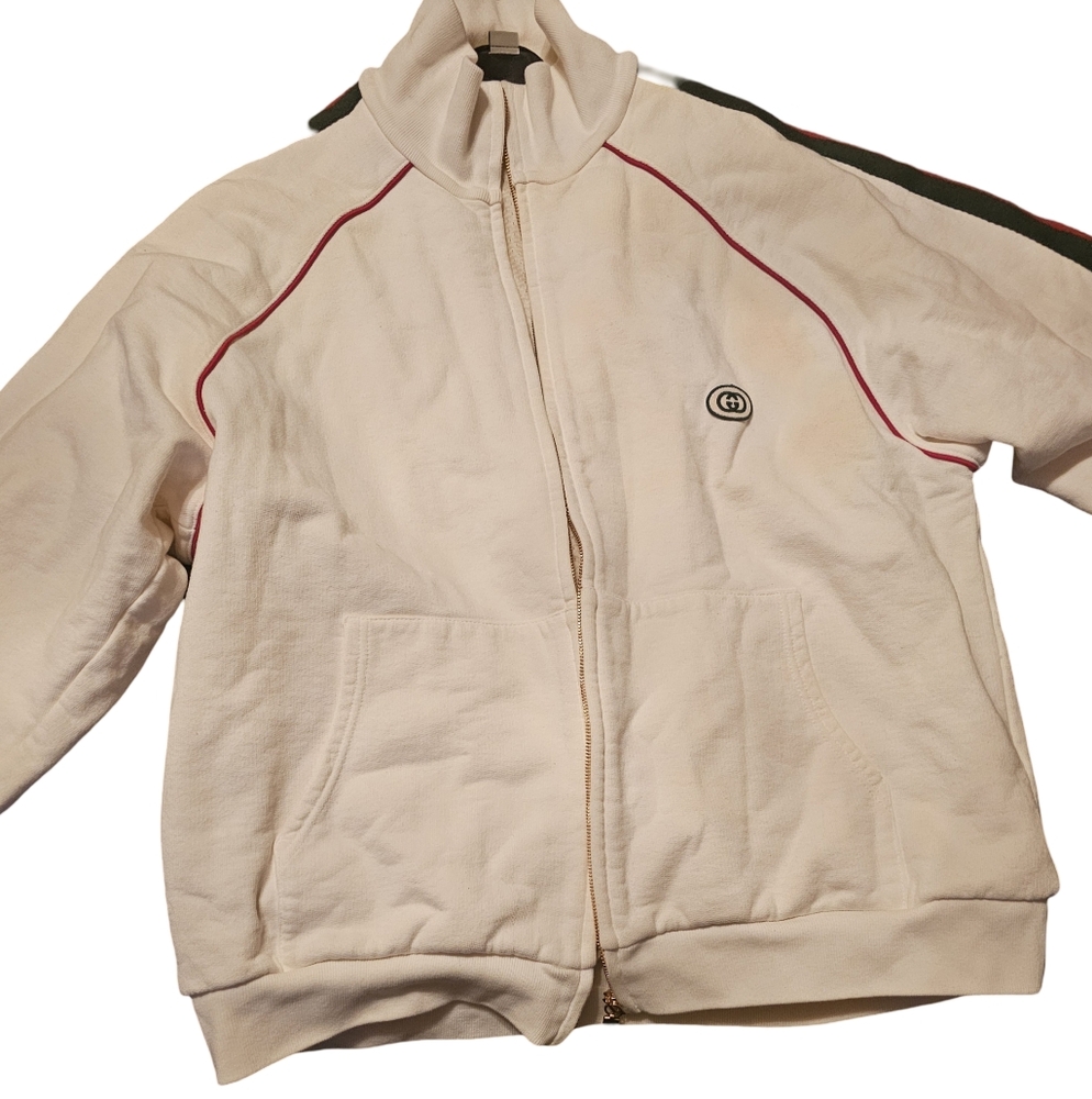 Authentic Gucci Cream Zip-Up Jacket with Red and Green Accents